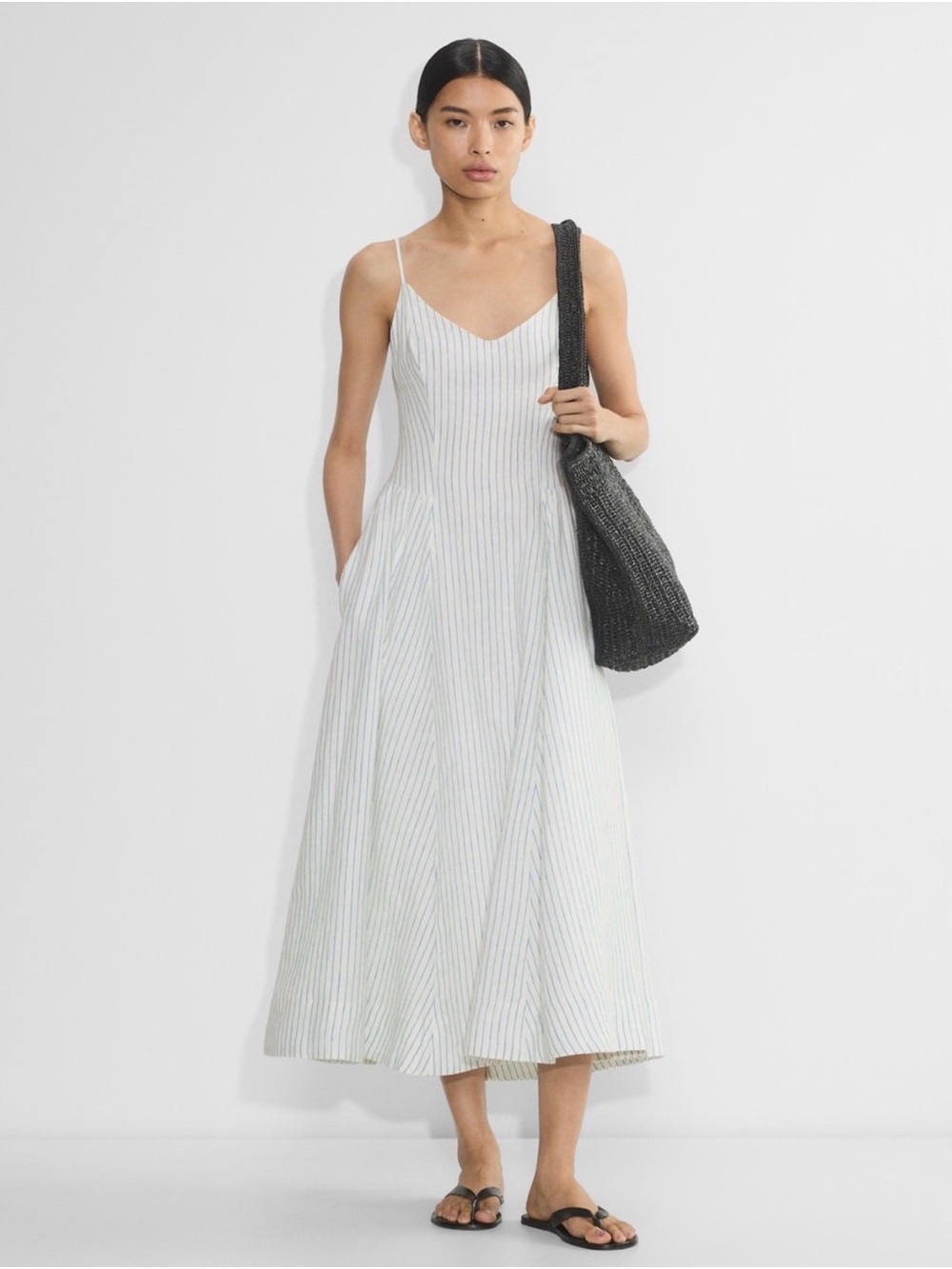 Aritzia Technique Blue and White Striped Linen Maxi Dress with Pockets Size 6